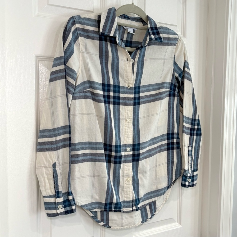 Old Navy Classic Shirt White Plaid Long Sleeve Button Up Flannel Shirt Women XS - Picture 3 of 12